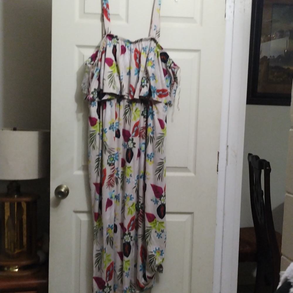 Terra & sky beige tropical floral print ruffle sleeveless maxi dress size 3x
